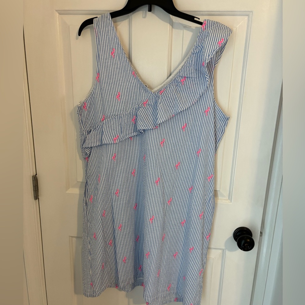 Blue and white seersucker dress with hot pink, flamingos new with tags